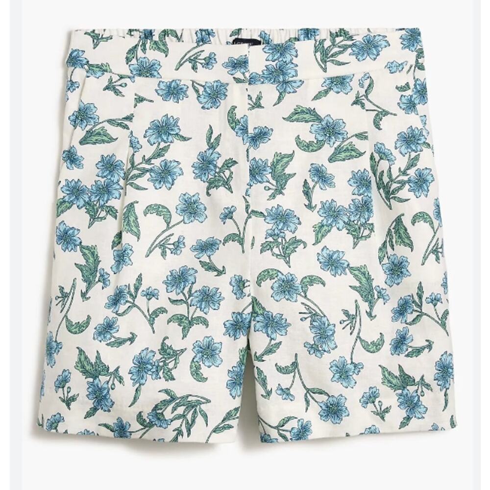 J.Crew Factory Elastic Back Linen Blend Pleated Short | Sz 8, Ivory, Blue Floral